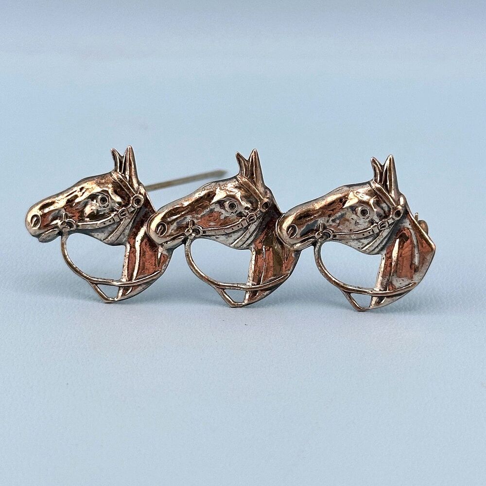 Vintage Sterling Silver Horse Bar Brooch Pin 3 Heads Equestrian Racing Derby